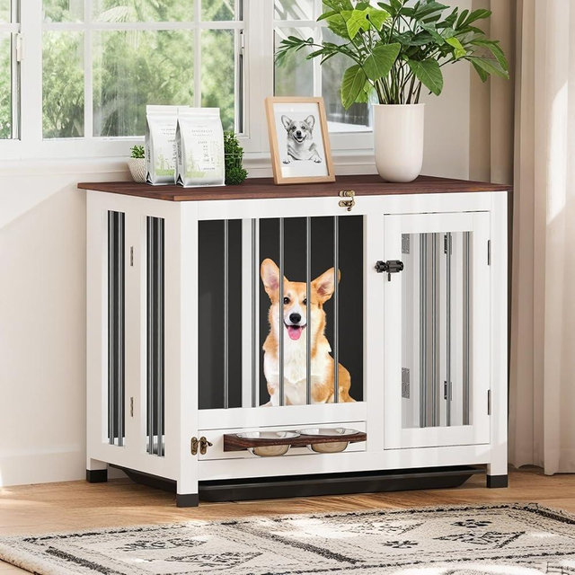 Dog Crate Furniture - 31.5" Wooden Dog Kennel with Removable Tray & 360° Rotating Feeder | Multi-Functional Dog Cage End Table for Small & Medium Dogs | Portable Pet Cage | Easy Assembly