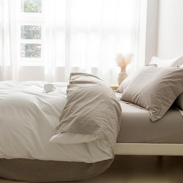 BDEAR 6PS Linen Grey Bedding Set Queen Size 100% Washed Cotton Cover Deep Pocket Queen Size Fitted Sheet Plus Skin Friendly Flat Set and 4 Pillowcases, 102" x 90"