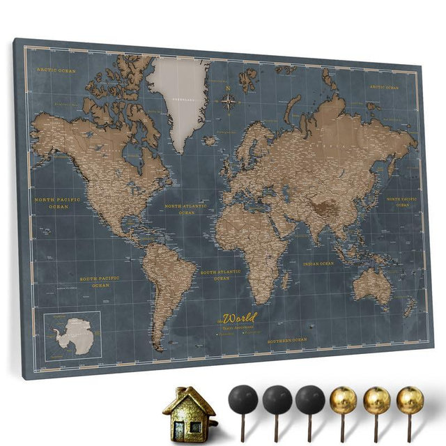 Canvas World Map with Cork Pin Board - English Lettering - Decorative Wall Decoration for All Rooms - Canvas Pictures with World Map Motif (70x50 cm, Pattern 5)
