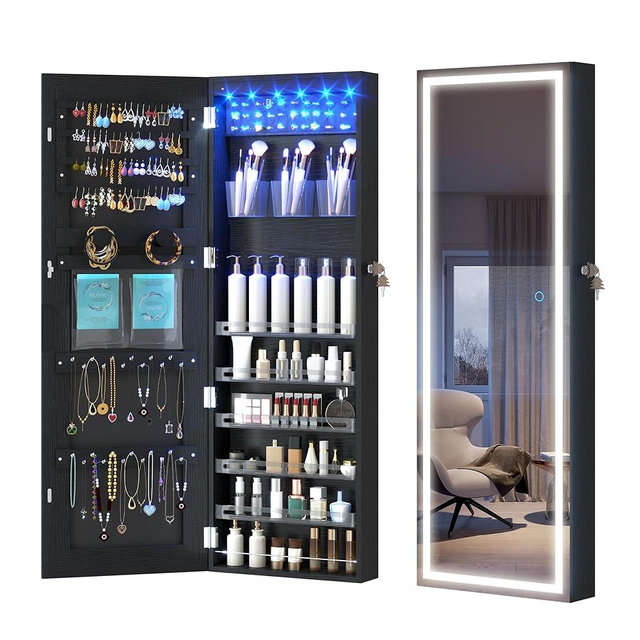 LVSOMT LED Mirror Jewelry Cabinet, Wall/Door Mount Jewelry Armoire Organizer with Lights, Full Length Mirror with Jewelry Storage, Over the Door Hanging Jewelry Cabinet (Wood Black)