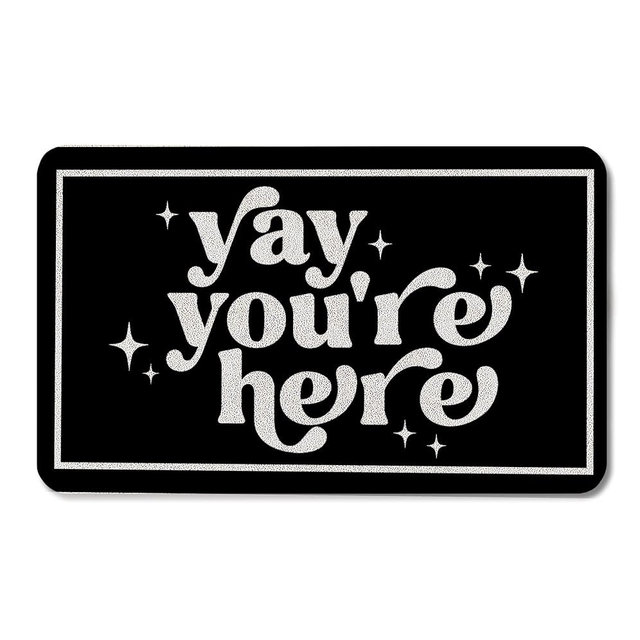OSLYSOF Funny Black Door Mat, Yay You're Here Doormat for Front Door Indoor Outdoor Porch Entrance Entryway, Funny Welcome Mat Outside, 17x30 Inch