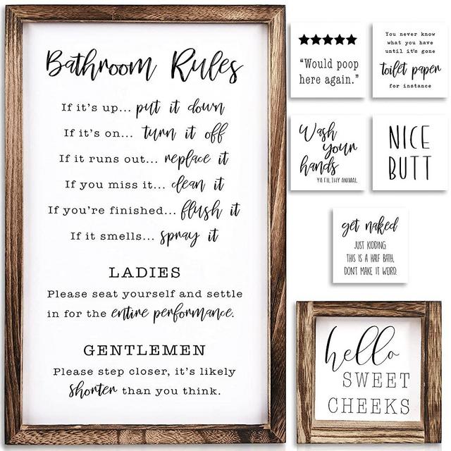 KIBAGA Farmhouse Bathroom Wall Decor Set of 2 - Funny Bathroom Signs with Rules and 8 Interchangeable Sayings - Rustic Farmhouse Accessories are Perfect to Beautify Your Restroom