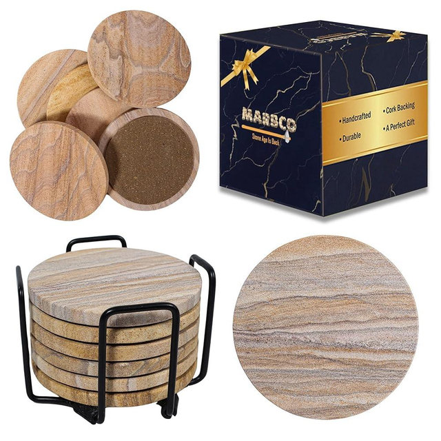 Marbco Sandstone Water Absorbent Hand Crafted Round Coasters for Drinks - 4 Inches Wide Thirsty Stone Bar, Drink Coasters- Made from Rainbow Sandstone