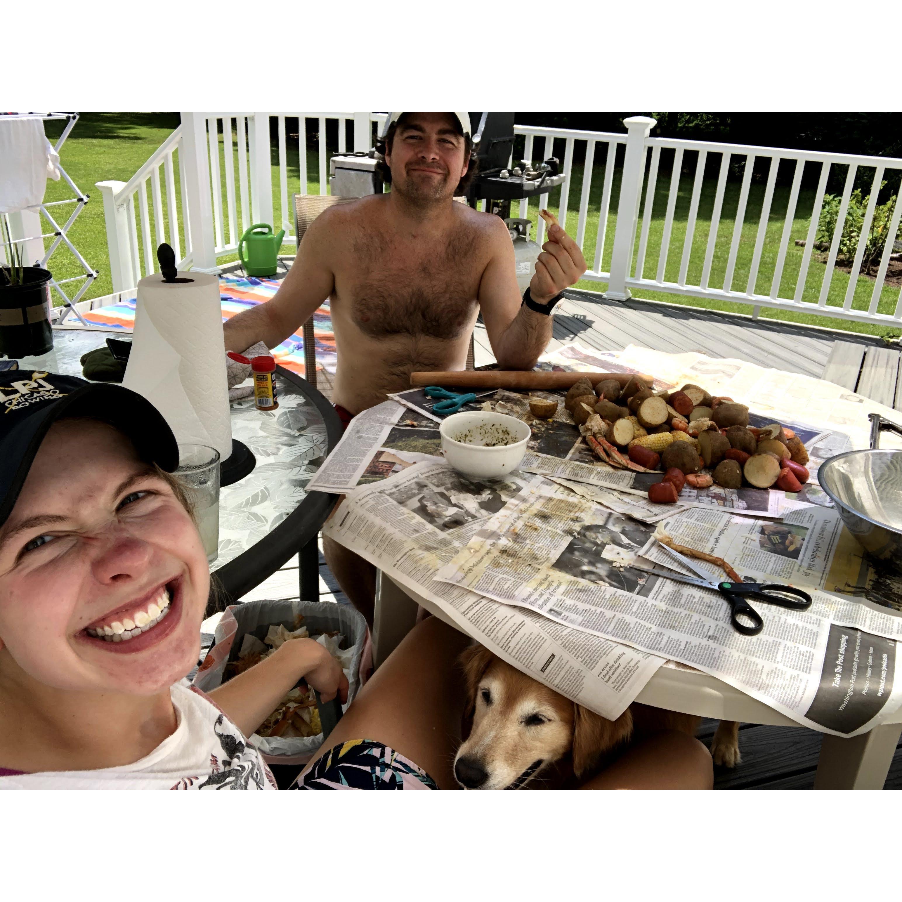 Sela Dave and Chaya enjoying a backyard crab pot