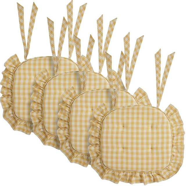 VHC Brands Buzzy Bees Primitive 16.5"x18" Chair Pad Yellow Tucked Cotton Check Tie Back(s) Rectangle Kitchen Table Decor, Set of 4