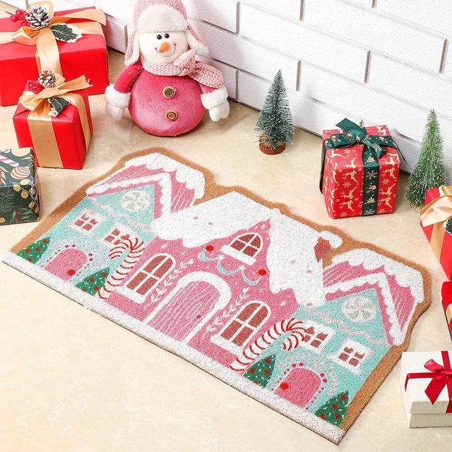 Tinideya Christmas Gingerbread House Doormat 23.6 x 13.7 Inch Pink Pastel Christmas Welcome Door Mat Gingerbread Artificial Coir Non Slip Entrance Rugs for Indoor Outdoor Bathroom Kitchen Decor