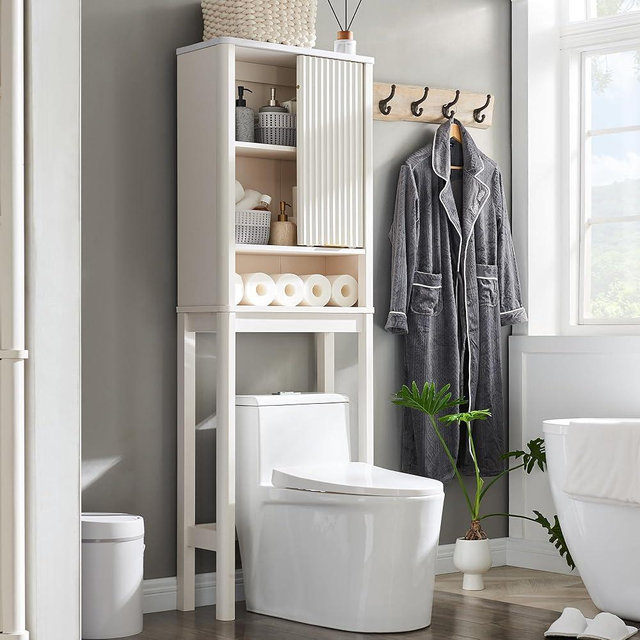 RedLemon Over The Toilet Storage Cabinet with Fluted Sliding Door, 68" Tall Wood Space Saver w/Faux Marble Top & Adjustable Shelf, Curved Profile Rack Organizer for Bathroom, Off White