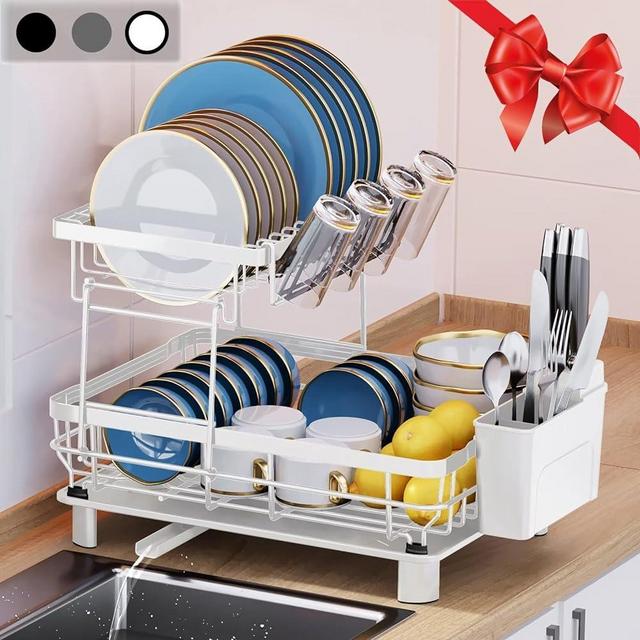 MOUKABAL White Dish Drying Rack- Durable Large Dish Racks for Kitchen Counter, Dish Drainer with Drainboard,Kitchen Organization and Storage for Pioneer Woman Kitchen Accessories (2 Tier