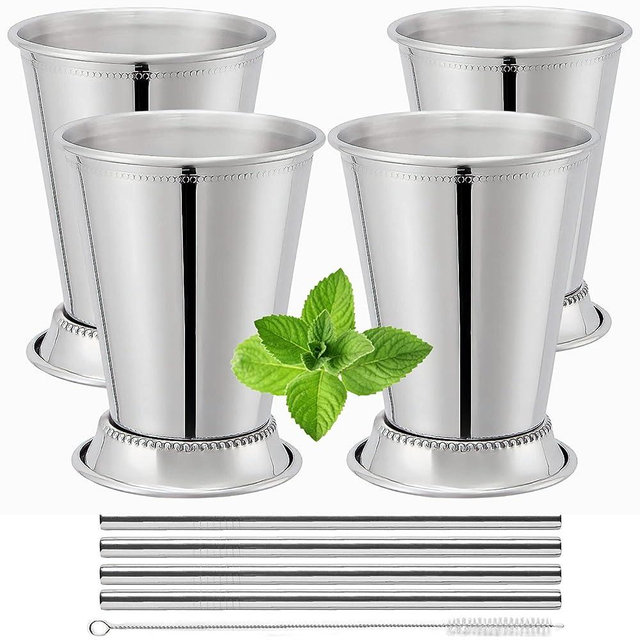 Mint Julep Cups Set of 4 with Straws - Stainless Steel Mint Julep Cup - Mint Julep Glasses - 12oz Commercial Grade Cups - Metal Cups - 2023 Mint Julep Set by Flavourd