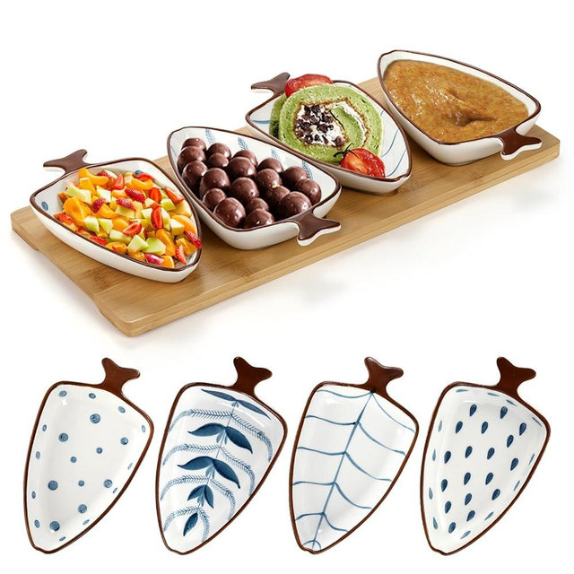Yarlung Set of 4 Sauce Dipping Bowls with Bamboo Tray, 5 Inch Ceramic Chips and Dips Serving Dishes, Decorative Fish Shape Pinch Bowls Snacks Platter for Appetizer, Sushi, Dessert