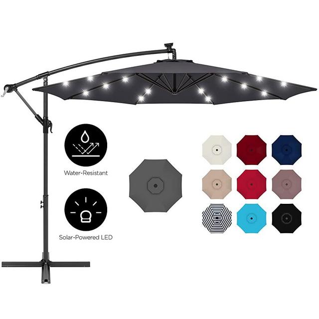 Best Choice Products 10ft Solar LED Offset Hanging Outdoor Market Patio Umbrella w/Easy Tilt Adjustment - Gray