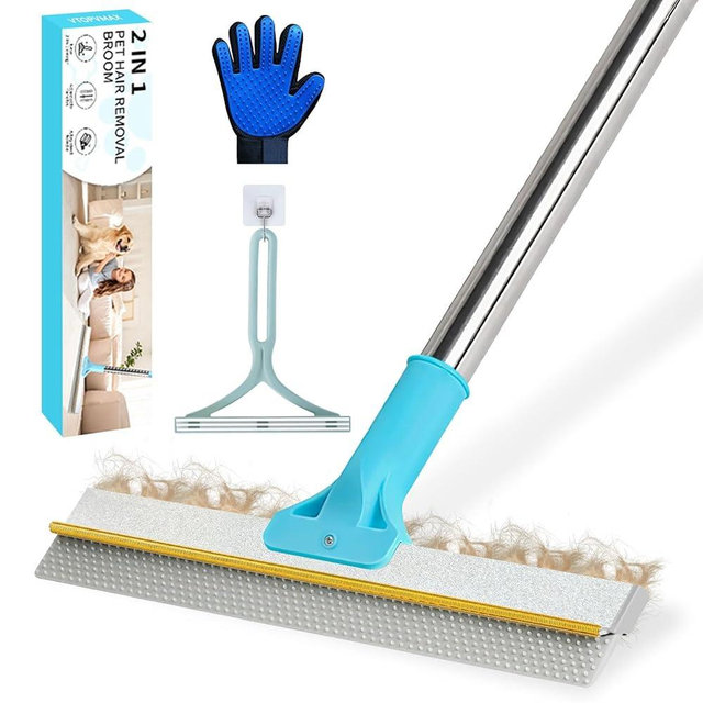 Carpet Rake for Pet Hair Removal - 54" Adjustable 2 in 1 Carpet Broom with Copper Rake Scraper & TPU Brush, Reusable Cat Dog Hair Remover Tool for Deep Cleaning Carpets, Rugs, Mats, and Stairs (Blue)
