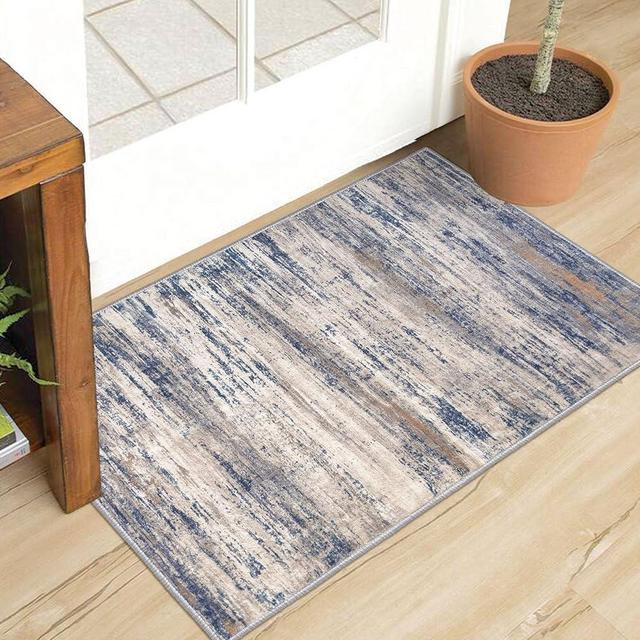 KOZYFLY Modern Abstract Rugs for Entryway 2x3, Washable Kitchen Rug Non-Slip Soft Small Bathroom Rug, Grey-Blue Striped Entryway Rugs Abstract Faux Wool Doormat for Bedside Entrance Bedroom Sink