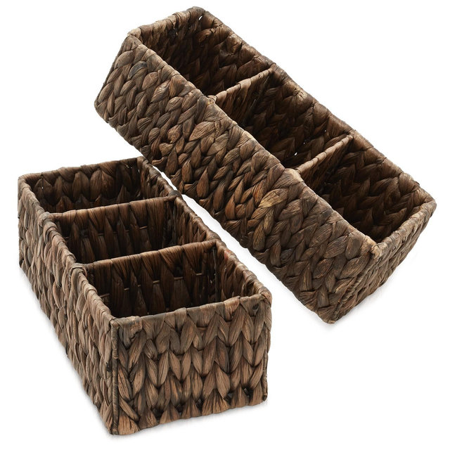 Casafield Set of 2 Water Hyacinth Storage Baskets with 3 Sections, Espresso - Woven Organizer Bins for Bathroom, Laundry, Pantry, Office, Shelves