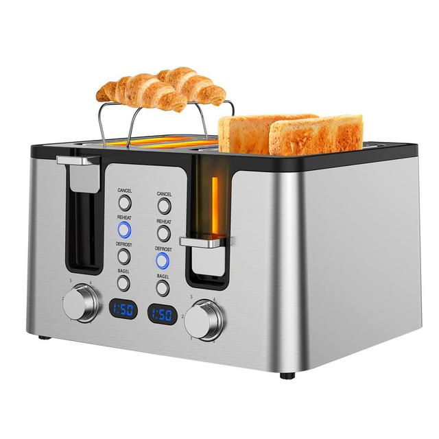 Toaster 4 Slice with LED Display, Both Zones Independent Control, Warming Rack, 1.6" Wide Slot, Reheat/ Defrost/ Bagel/ Cancel, 6 Optional Browning Dials, Stainless Steel Toaster Silver