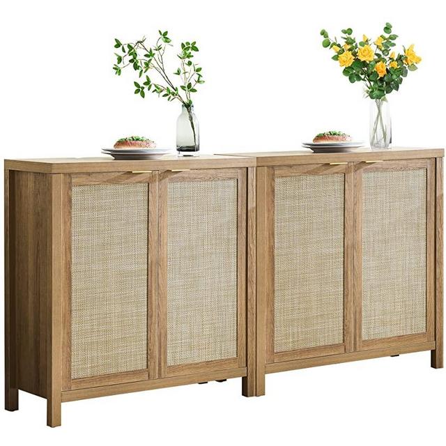 Rattan Sideboard Buffet Cabinet Set of 2 - Farmhouse Kitchen Storage Cabinet with Rattan Decorated Doors - Boho Accent Liquor Coffee Bar Cabinet Cupboard Console Table for Home Kitchen Bar(Natural)