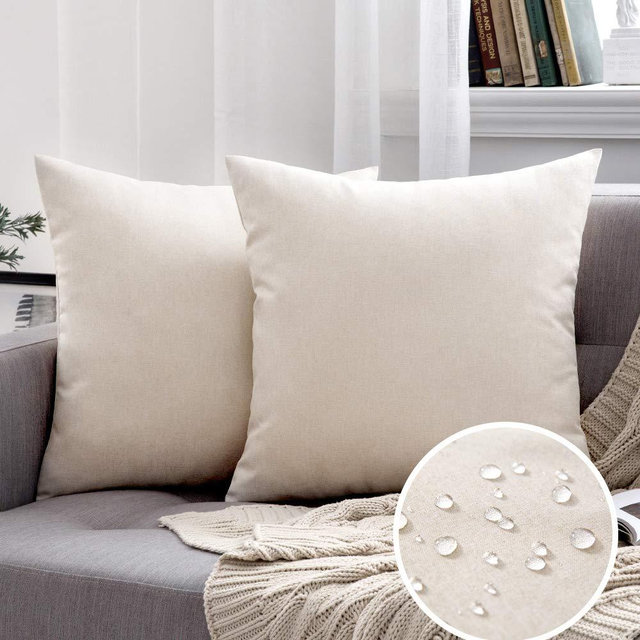 MIULEE Pack of 2 Decorative Outdoor Solid Waterproof Throw Pillow Covers Linen Garden Farmhouse Cushion Cases for Patio Tent Balcony Couch Sofa 18x18 inch Beige
