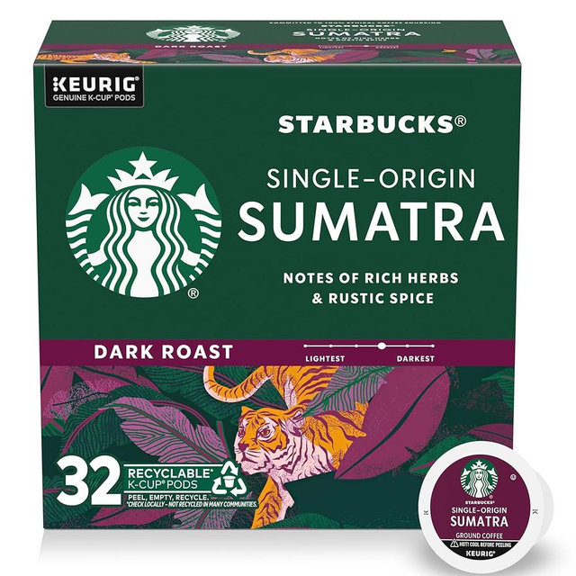Starbucks K-Cup Coffee Pods, Dark Roast Coffee, Sumatra, 100% Arabica, 1 box (32 pods)