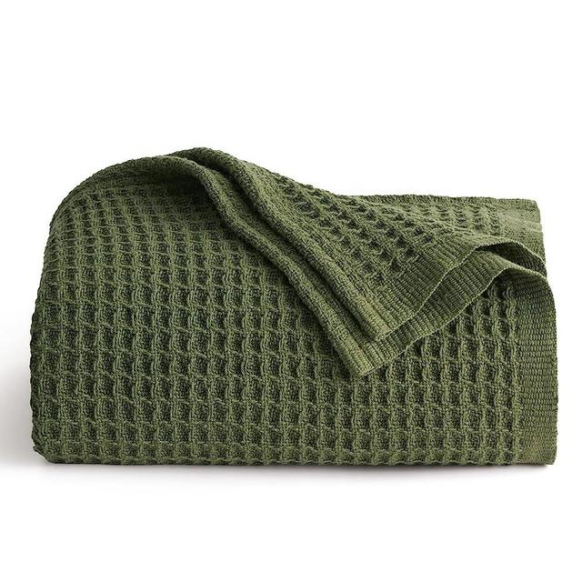 Bedsure 100% Cotton Blankets for Couch - 405GSM Waffle Weave Throw Blankets for Summer, Olive Green Soft Lightweight Woven Blankets for All Seasons, 50x70 inches