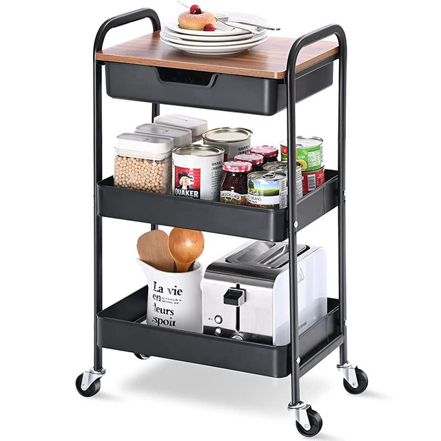 TOOLF 3-Tier Utility Rolling Cart with Wooden Board and Drawer, Metal Storage Cart with Handle, White Trolley Kitchen Organizer Rolling Desk with Locking Wheels for Office, Classroom, Home, Bedroom
