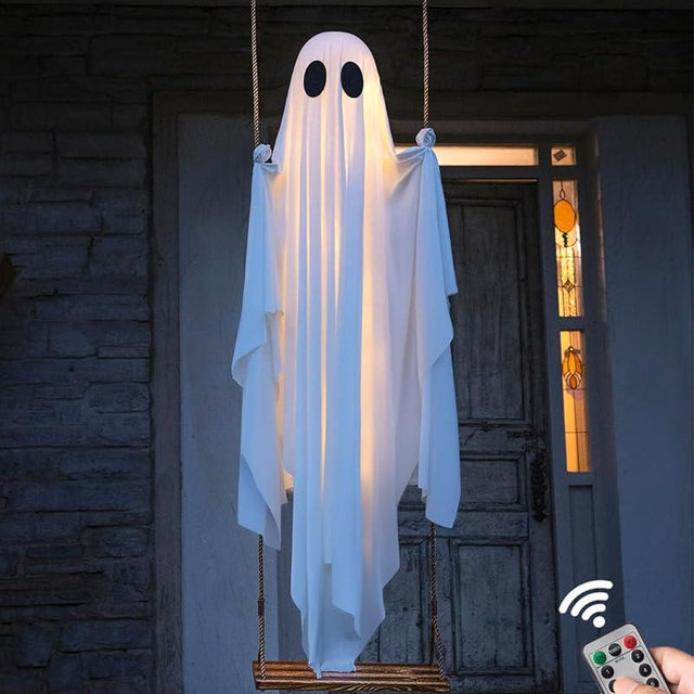 Halloween Decorations Outdoor - 5 FT Large Hanging Swing Ghost Halloween Decor with String Lights - Spooky Cute Ghosts Decorations for Front Porch Yard Tree