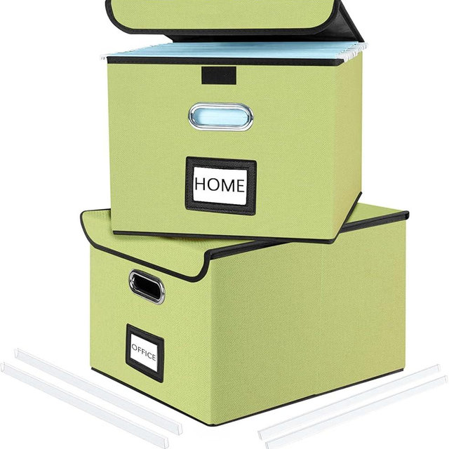 Huolewa Upgraded File Organizer Boxes with Lids, Linen Hanging Filing & Storage Box with Plastic Slide for Office/Decor/Home, Universal Hanging Filing Organization Box for Letter/Legal Folder