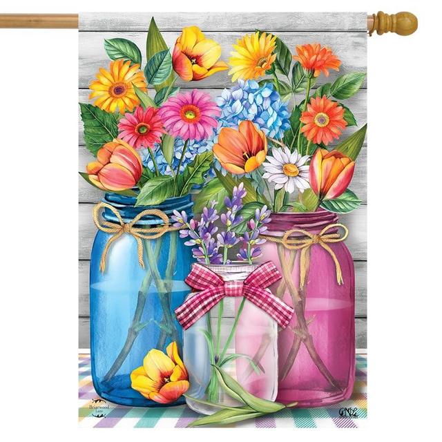 Spring Floral Jars Rustic House Flag Zinnias Tulips 28" x 40" Briarwood Lane