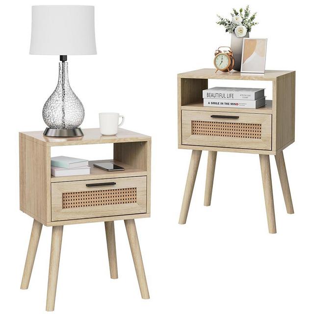 AmzYuga Nightstands Set of 2, Rattan Night Stand, Boho Nightstand with Drawer Open Storage, Modern Bed Side Table with Solid Wood Feet for Bedroom