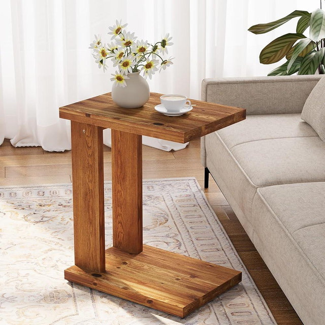 TRIBEWOOD Solid Wood C-Shaped End Table, Wooden Side Table for Sofa, 2-Tier Bedside Nightstand for Living Room, Bedroom