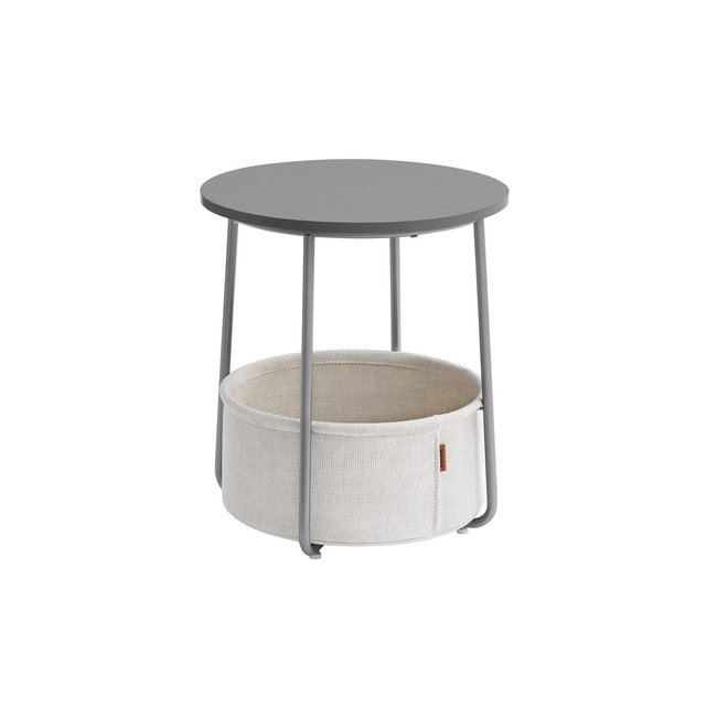 Small Round End Table Nightstand Side Table with Fabric Basket Cement Gray and Cream White
