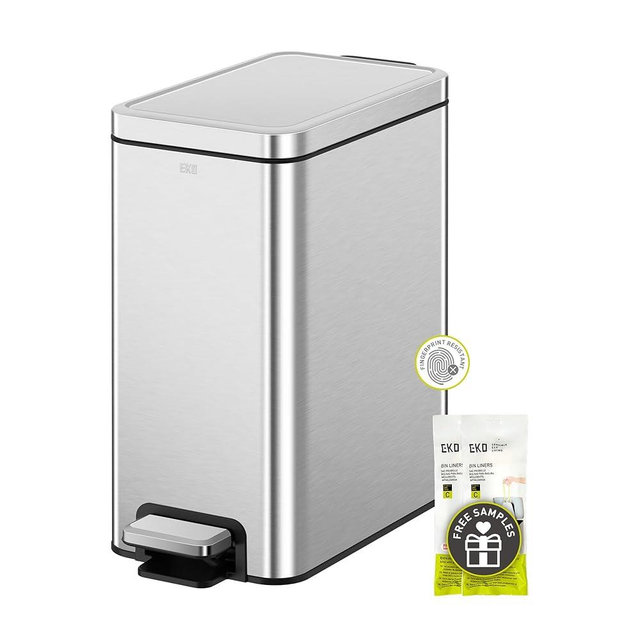 EKO Small Bathroom Trash Can with Lid Soft Close, Step Pedal, 10 Liter / 2.6 Gallon Stainless Steel Garbage Can with Removable Inner Bucket, Anti-Fingerprint Finish (Silver)