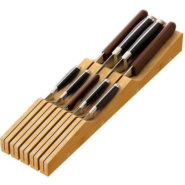 Knife Drawer Organizer, Bamboo Wood In-Drawer Knife Block, Knife Organizer Holds Up To 9 Knives