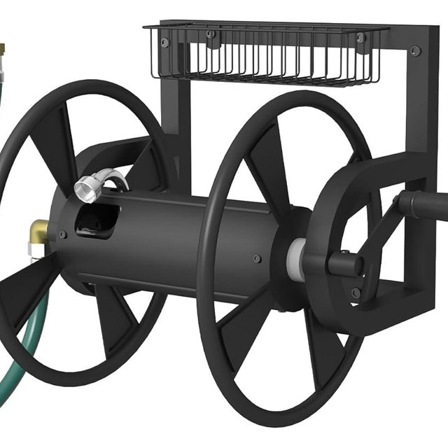Artigarden Garden Wall Mounted Hose Reel, Outdoor Heavy-Duty Water Hose Holder Winder, Holds 125 Feet of 5/8-Inch Hose, with 3.9 ft Leader Hose, Brass Fitting and Storage Basket for Yard, Black
