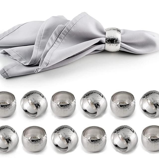 LEBEJUA Napkin Rings Set of 12 - Delicate Napkin Holder Rings for Tables - Metal Napkin Ring for Holiday & Christmas - Dinner Party & Wedding Decor - Decorative Round Napkin Rings Bulk (Silver Charm)