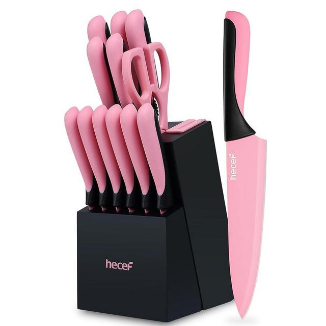 hecef 13 Pieces Kitchen Knife Set with Built-in Sharpening Wooden Block, High Carbon Stainless Steel Knife Block Set with Steak Knives, Kitchen Scissors, Pink