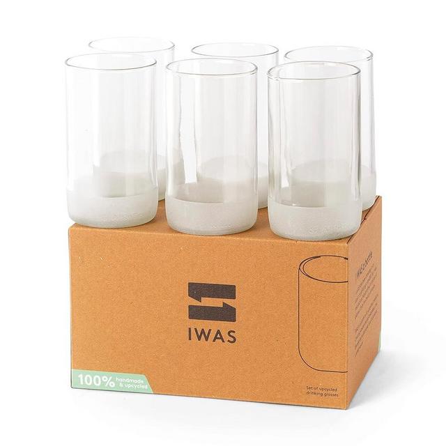 IWAS Upcycled Tall Clear Drinking Glasses | 350 ML | 12 OZ | Set of 6 | Sustainable Water and Cocktail Glasses For Home | Environmentally Friendly Clear Glasses
