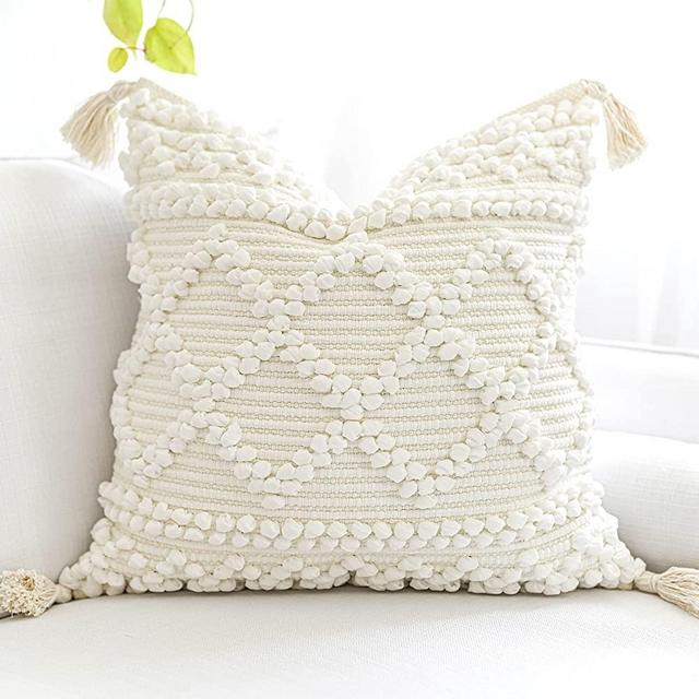 BLISSBLUSH Off White Decorative Throw Pillow Case, Solid White Boho Woven Textured Pillow Cover, Sofa Couch Pillow Cover, Bohemian Pillow Cover(1 Piece, Cover ONLY, 20X20 INCH)