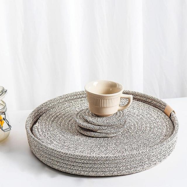 Art PineCone's 13-inch Woven Cotton Rope Round Placemats Set of 4 with Holder Included, Non-Slip and Heat Resistant for Your Perfect Table Decor! (13" Plus Coaster, Brown Mixed)
