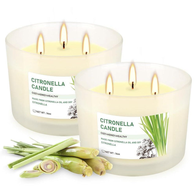 Citronella Candle Set of 2, 14oz Frosted Jar Triple-Wick, Clean & Smokeless for Outdoor Patio, Garden, Deck, Porch Ambiance with Natural Citronella Scent