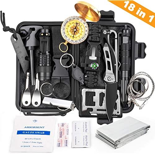 KOSIN Survival Gear, 18 in 1 Emergency Survival Kit, Professional Tactical Defense Equitment Tool with Knife Blanket Bracelets Backpack Temperature Compass Fire Starter for Adventure Outdoors Sport