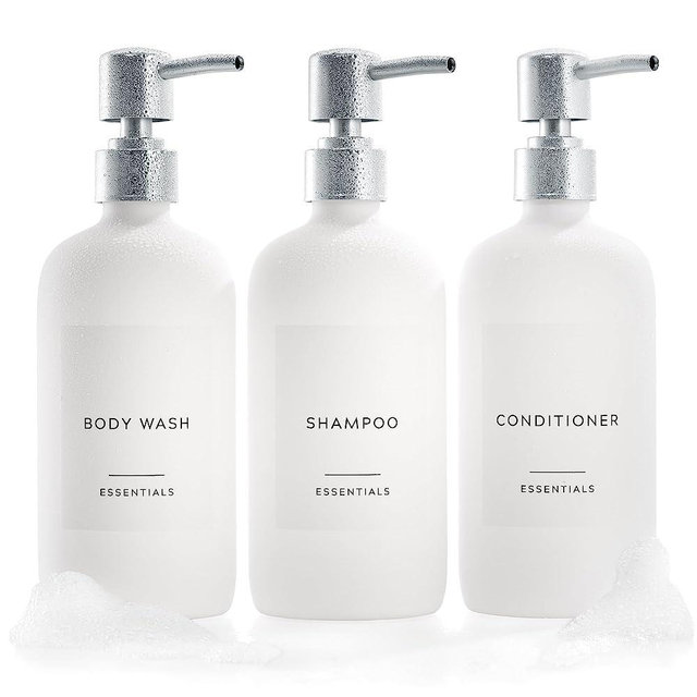 Stylish Shampoo and Conditioner Dispenser Set of 3 - Modern 21oz Shower Soap Bottles with Pump and Labels - Easy to Refill Body Wash Dispensers for an Instant Bathroom Decor Upgrade - White