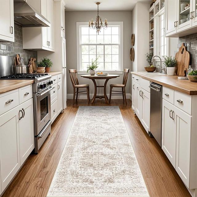 EISUROM Washable 2'6''x8' Runner Rug - Non-Slip Vintage Runner Rug for Entryway Low-Pile Medallion Long Rugs for Hallway Waterproof Traditional Runner Rug Indoor Thin Rug for Kitchen (Cream/Beige)