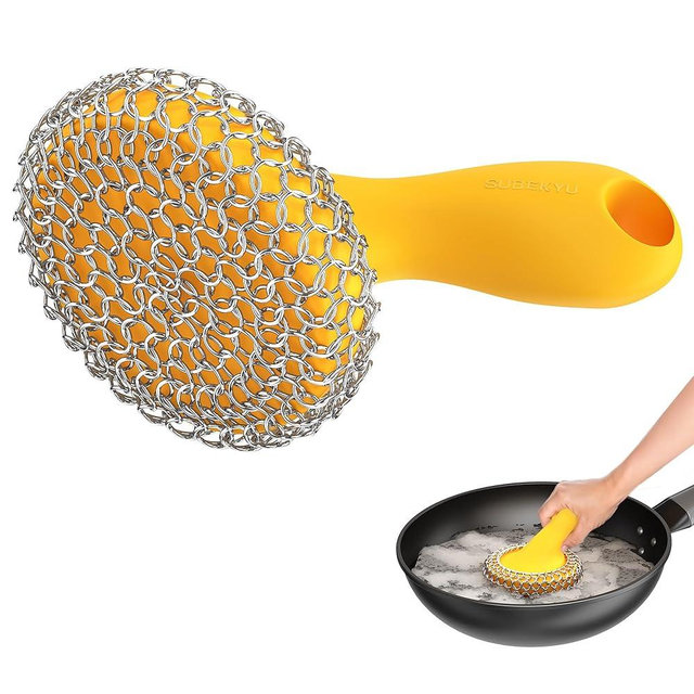 SUBEKYU Cast Iron Scrubber with Silicone Handle, Stainless Steel Skillet Cleaner for Cast Iron Pans (Yellow)
