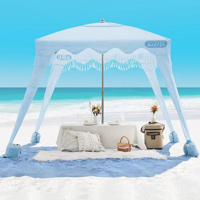 OutdoorMaster Beach Cabana with Fringe, Portable 6' x 6' Beach Canopy, Easy Set Up Beach Shelter, Included Side Wall, UPF 50+ UV Protection Sun Umbrella - for Kids, Family & Friends -Wave Point