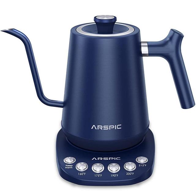Arspic Electric Gooseneck Kettle Pour Over Kettle for Coffee and Tea with 5 Temperature Control Presets, Stainless Steel Inner and lid with Leak-proof Design, 1000W Rapid Heating and Keep Warm Function, 0.8L