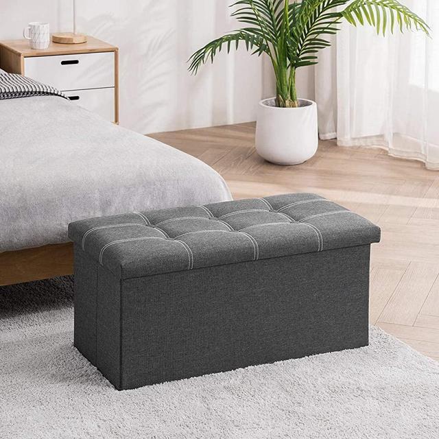 YOUDESURE 30 Inches Folding Storage Ottoman Bench, Padded Seat Footrest Stool with 80L Storage Space, End of Bed Ottoman, Holds up to 350 Lbs, Linen Fabric Grey