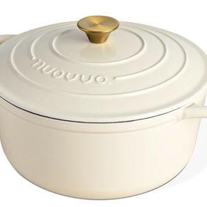 Nuovva Enamelled Cast Iron Dutch Oven Pot with Lid – 6.4 Quart Non Stick Casserole Pot – Heavy Duty & Oven Safe up to 500° F for Bread Baking, Braising, Stews, Roasting – 28cm Cream
