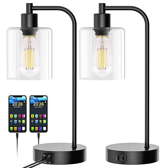 Set of 2 Industrial Table Lamps with 2 USB Port, 3-Way Dimmable Lamps for bedrooms, Bedside Nightstand Desk Lamps with Glass Shade for Reading Living Room Office( 2 LED Bulbs Included 5000K)