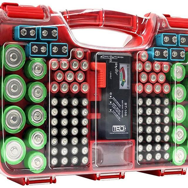 The Battery Organizer Storage Case with Hinged Clear Cover, Includes a Removable Battery Tester, Holds 180 Batteries Various Sizes Red…, Model Number: TBO2682