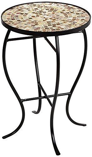 Mother of Pearl Modern Black Metal Round Outdoor Accent Side Table 14" Wide Natural Mosaic Tile Tabletop Gracefully Curved Legs for Spaces Porch Patio Home House Balcony Deck - Teal Island Designs